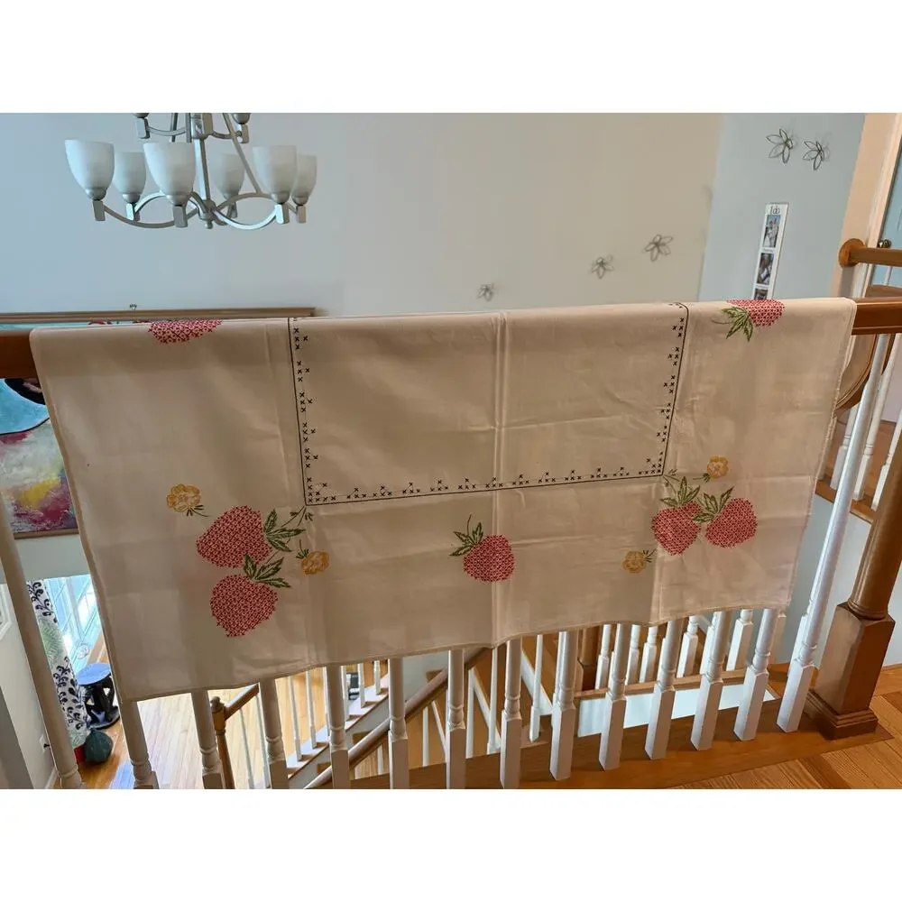 Vintage Hand Embroidered Strawberry Tablecloth White Cottagecore 50 x 50 OOAK